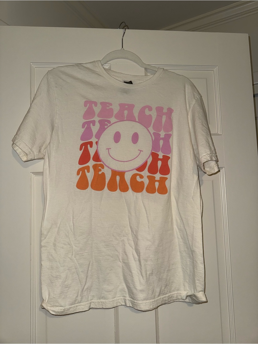 Teach Smiley Graphic Tee - White with Pink & Orange Print
